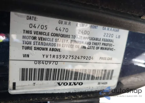 2005 Volvo S60 2.5T z USA, uszkodzony, nr VIN YV1RS592752479204